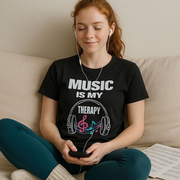 Music Is My Therapy T Shirt Size S Black Graphic Tee Headphones Treble Clef Note - Picture 1 of 12